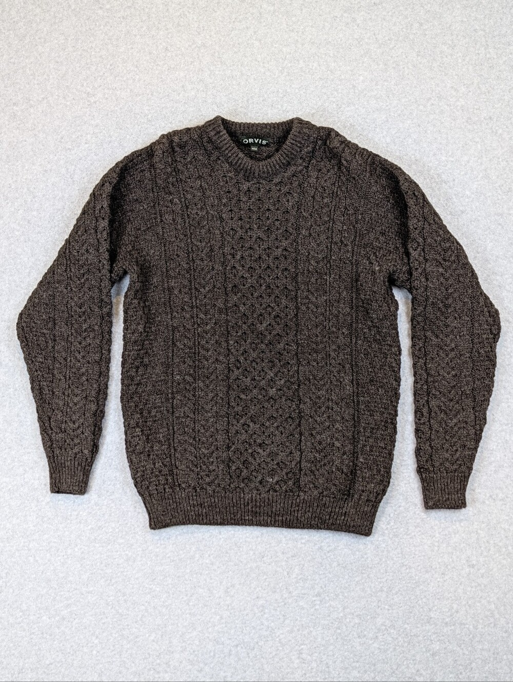 Orvis Irish Wool Fisherman Sweater Men's Large Brown Ireland Cable Knit Chunky